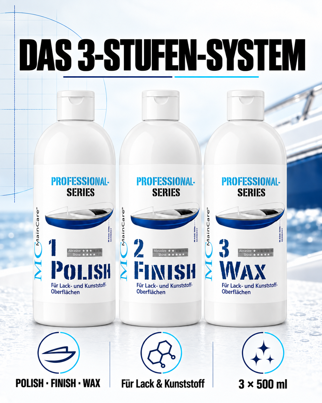MainCare 1.2.3. Polituren-Set – POLISH, FINISH & WAX – 3 × 500 ml