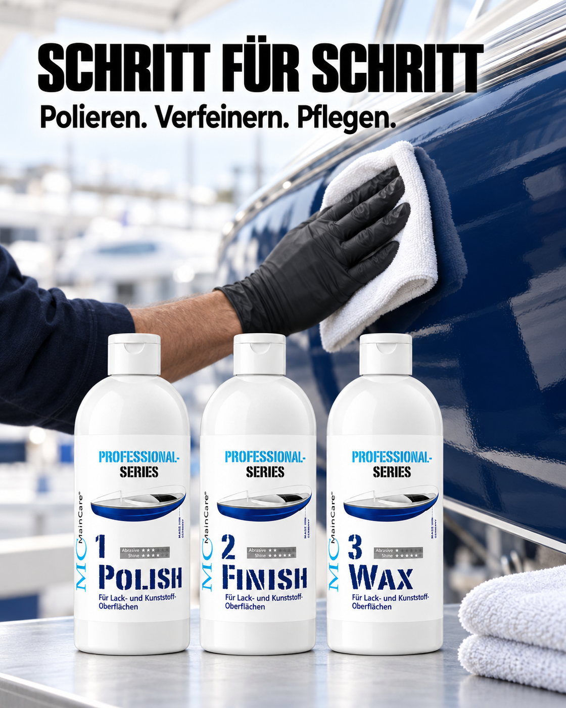 MainCare 1.2.3. Polituren-Set – POLISH, FINISH & WAX – 3 × 500 ml