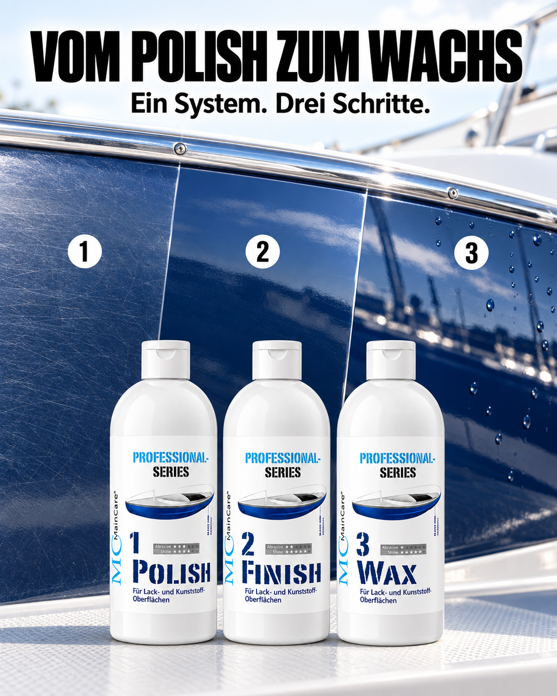 MainCare 1.2.3. Polituren-Set – POLISH, FINISH & WAX – 3 × 500 ml